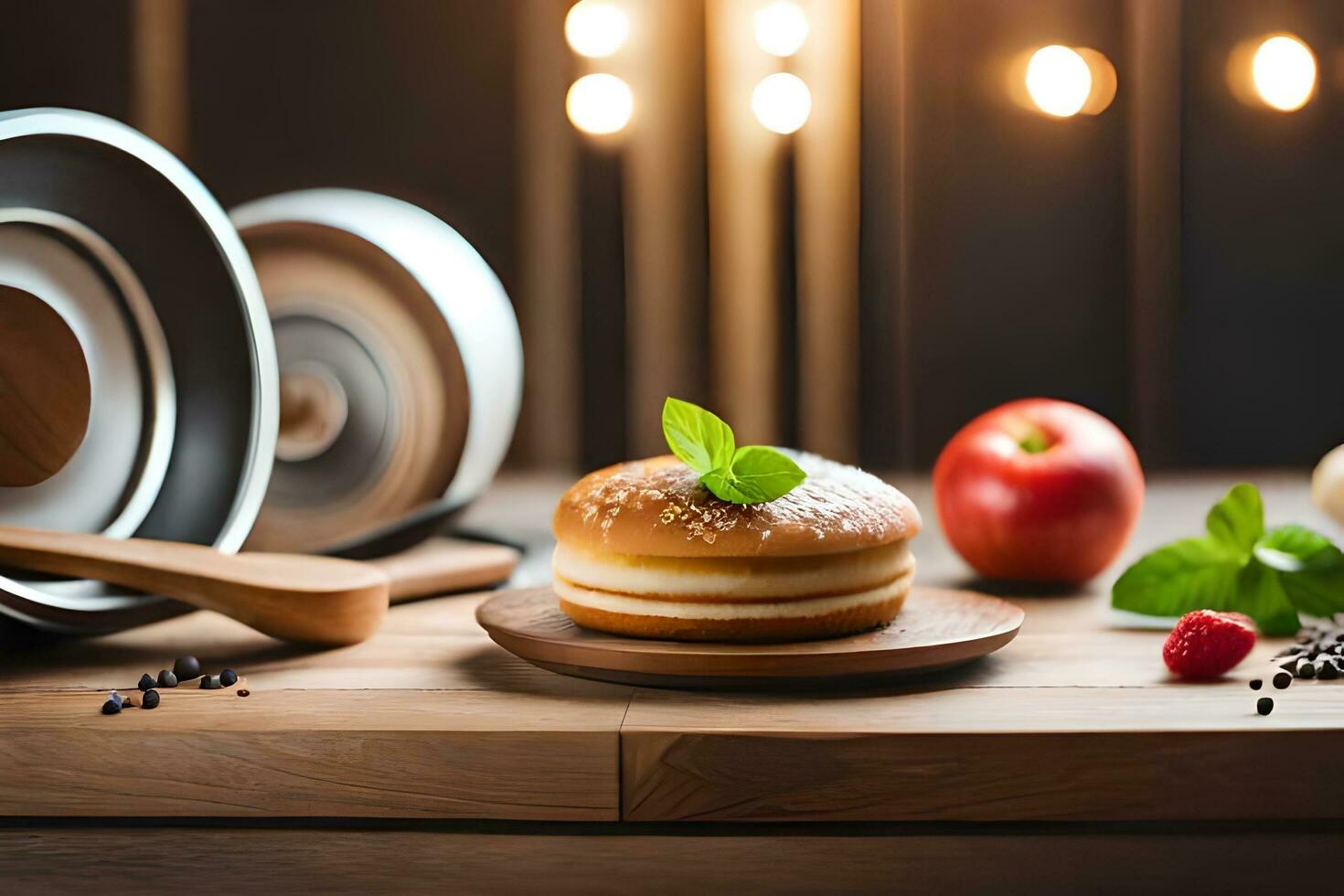 a pastry on a wooden table with other ingredients. AI-Generated photo