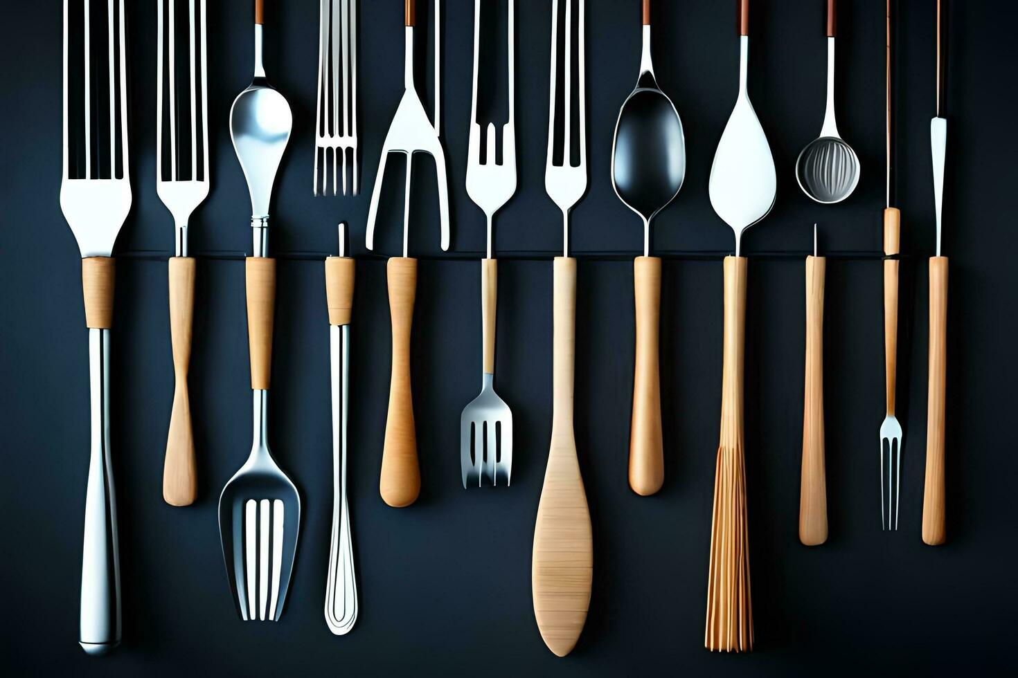 a collection of utensils on a black background. AI-Generated photo