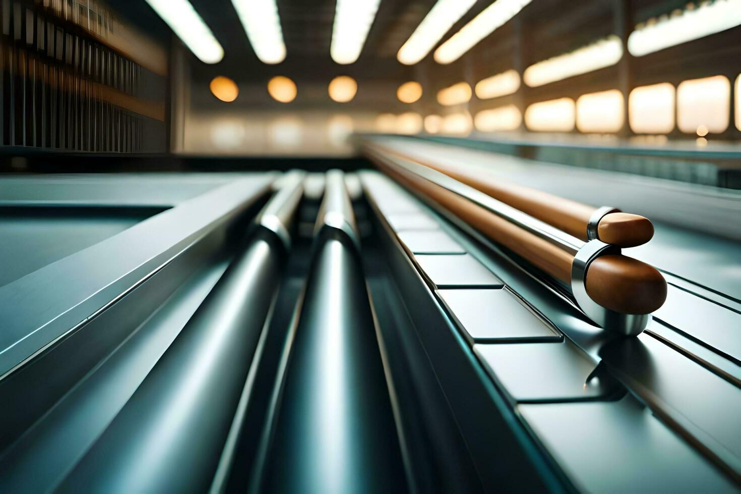 a close up of a metal escalator. AI-Generated photo