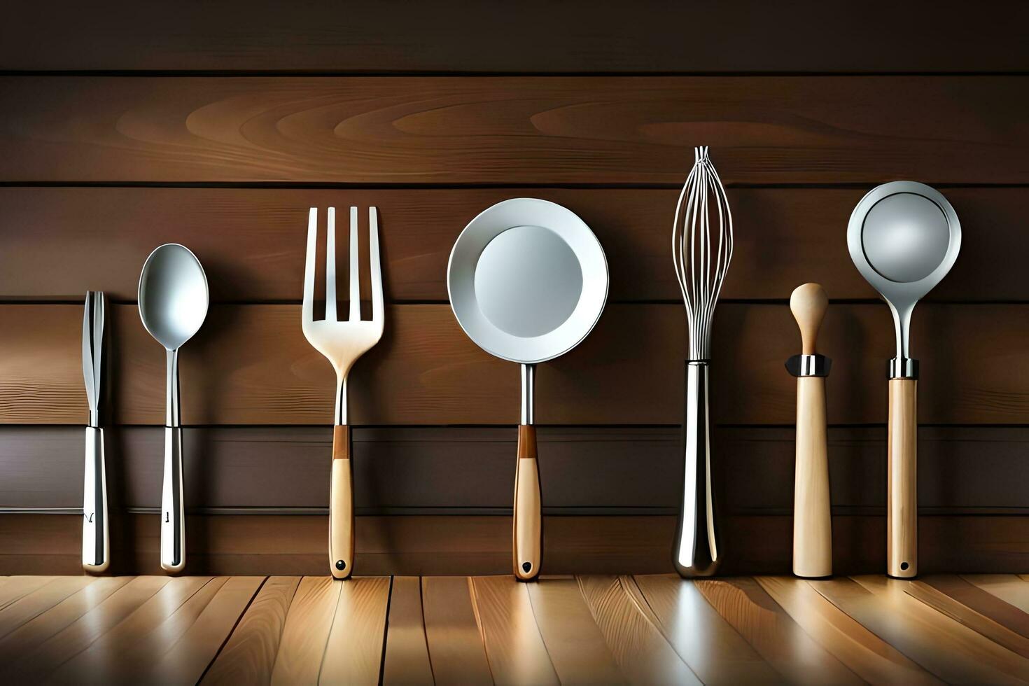 a collection of utensils on a wooden table. AI-Generated photo