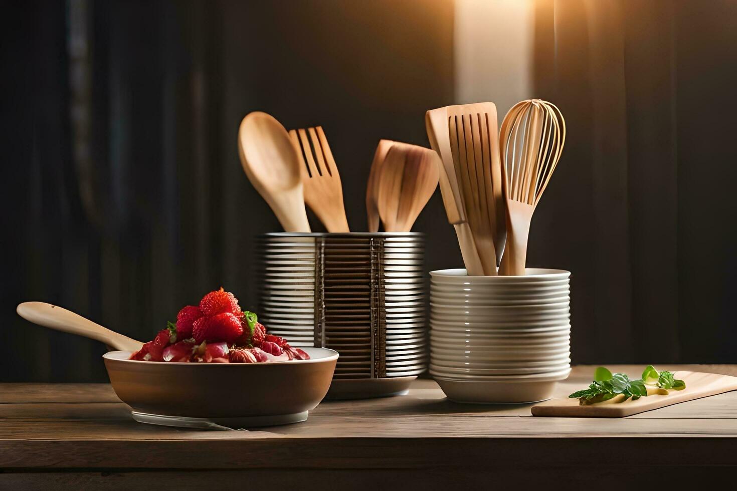 wooden utensils and bowls with strawberries on a table. AI-Generated photo
