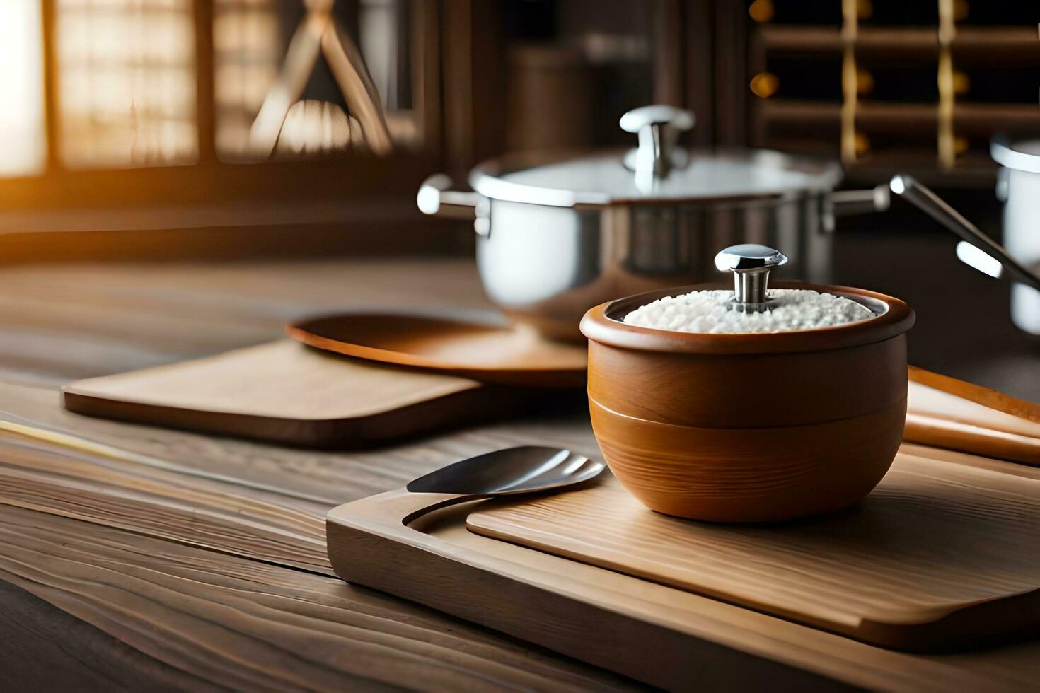 a wooden table with a pot and spoon on it. AI-Generated photo