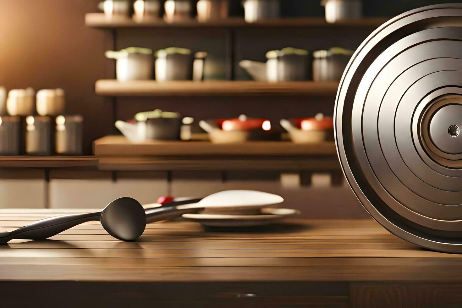 a large metal plate on a table with a spoon. AI-Generated photo