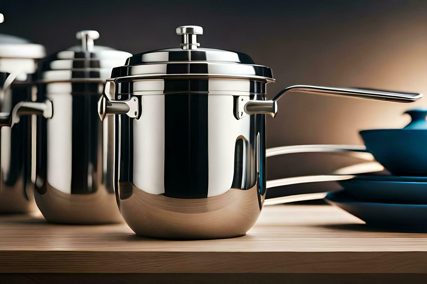 three stainless steel pots and pans on a table. AI-Generated photo