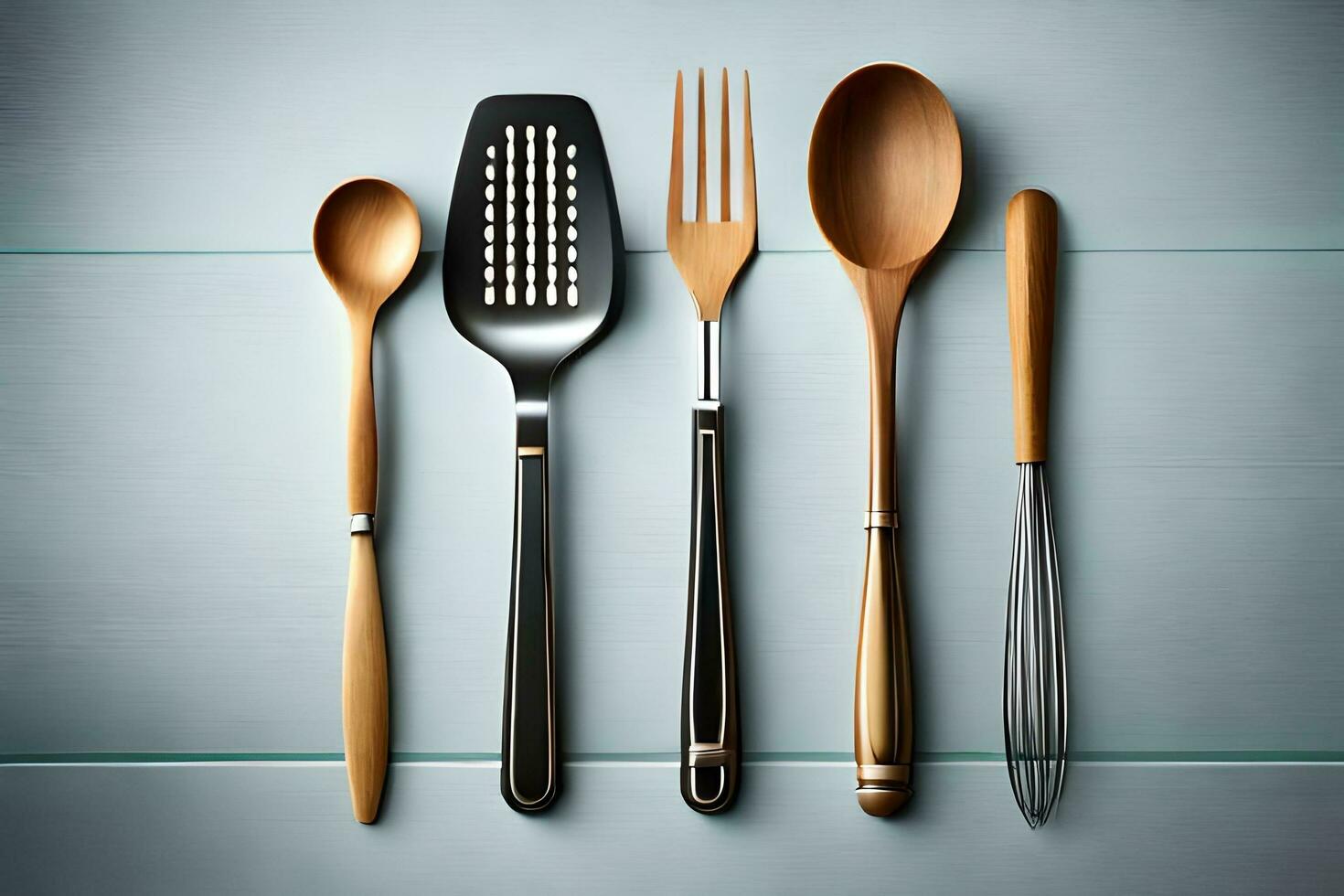 a group of four wooden utensils on a table. AI-Generated photo