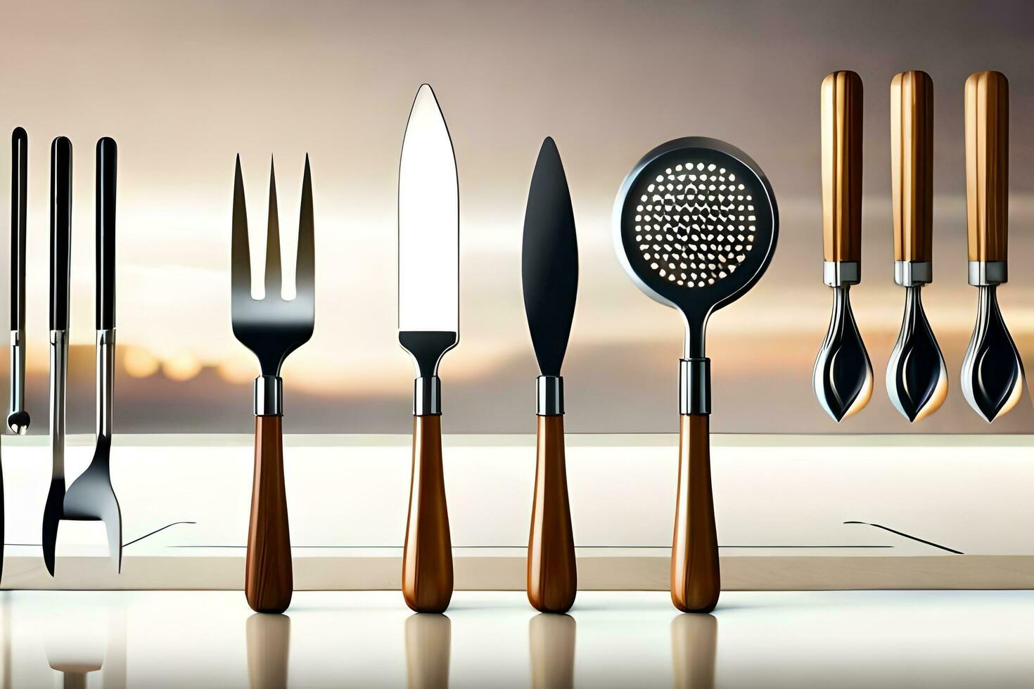 a group of knives and forks on a counter. AI-Generated photo