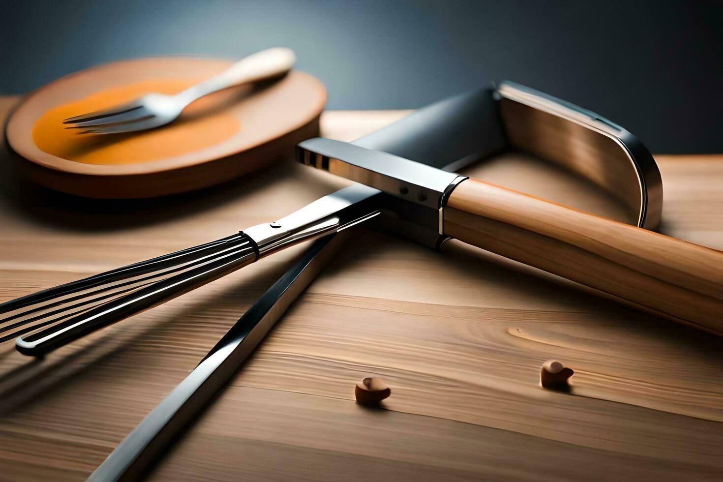 a knife, fork and spoon sitting on a cutting board. AI-Generated photo