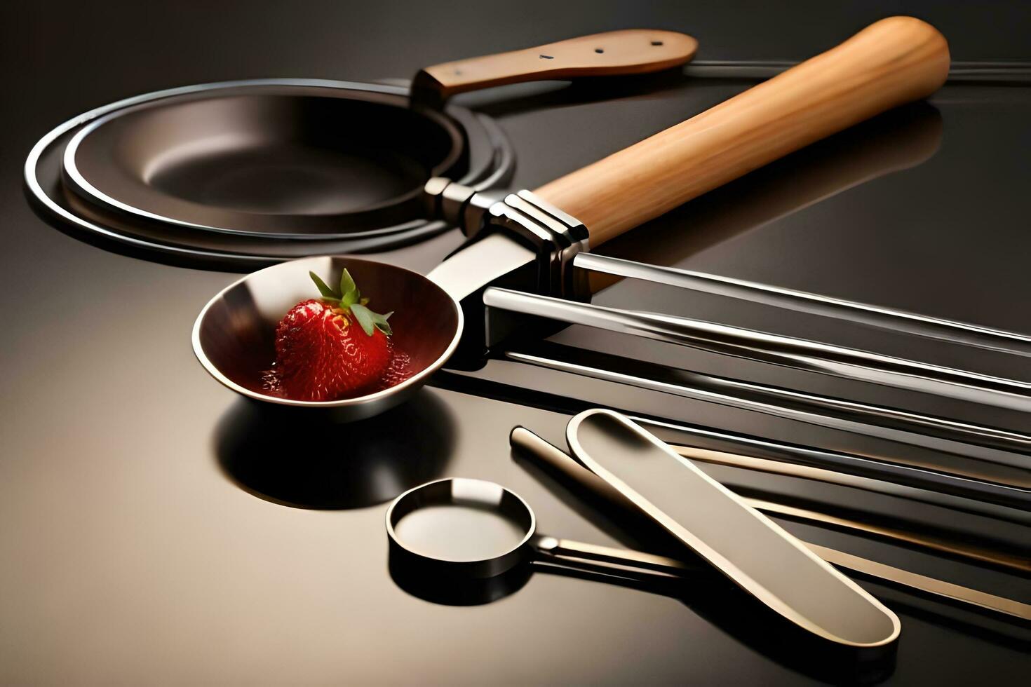 a strawberry is sitting on a spoon and a spatula. AI-Generated photo