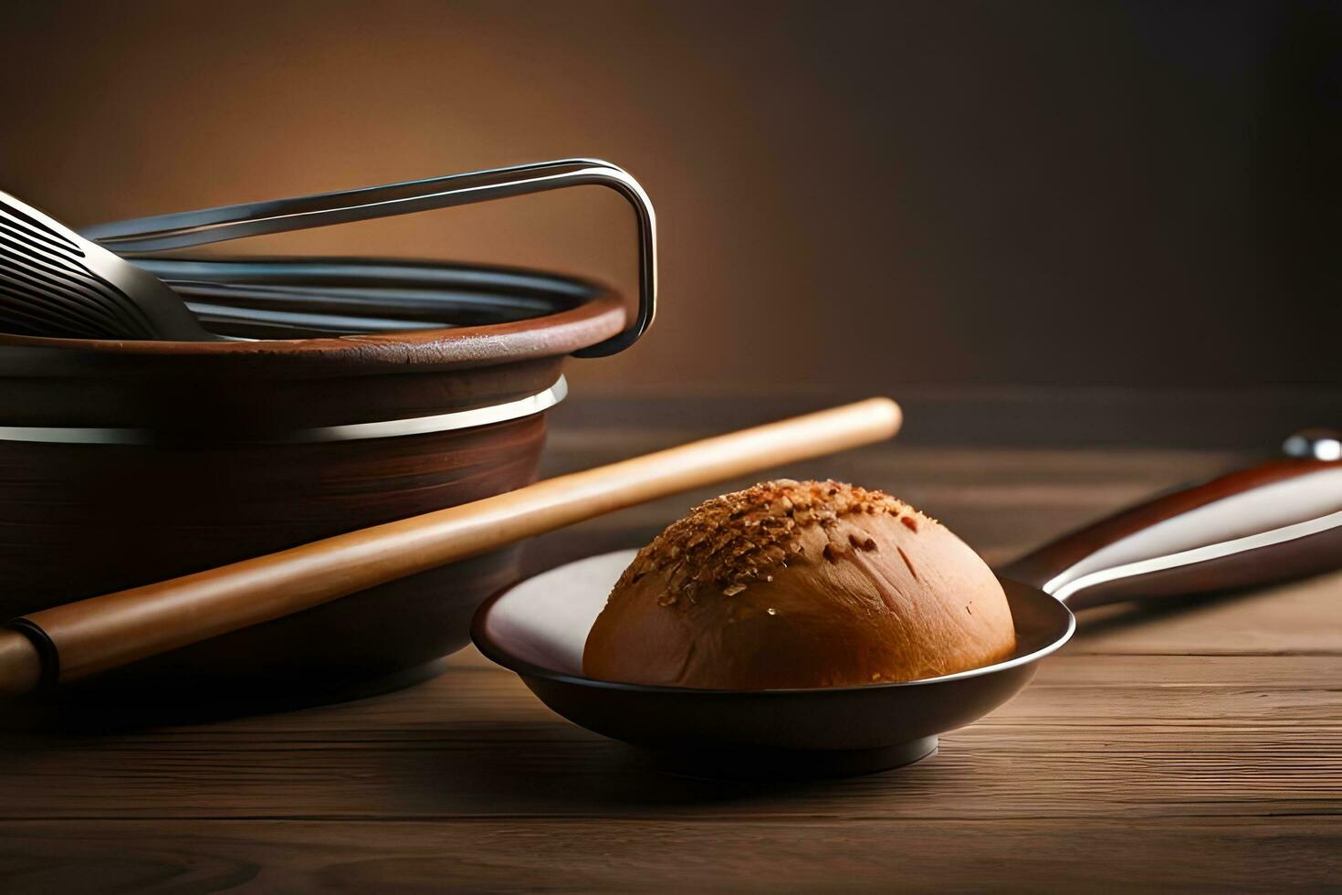 a bowl with a bread and a spoon on a table. AI-Generated photo