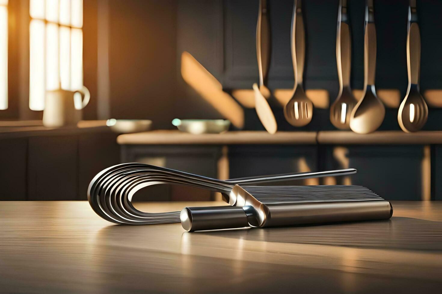 un cocina utensilio es sentado en un mesa. generado por ai foto