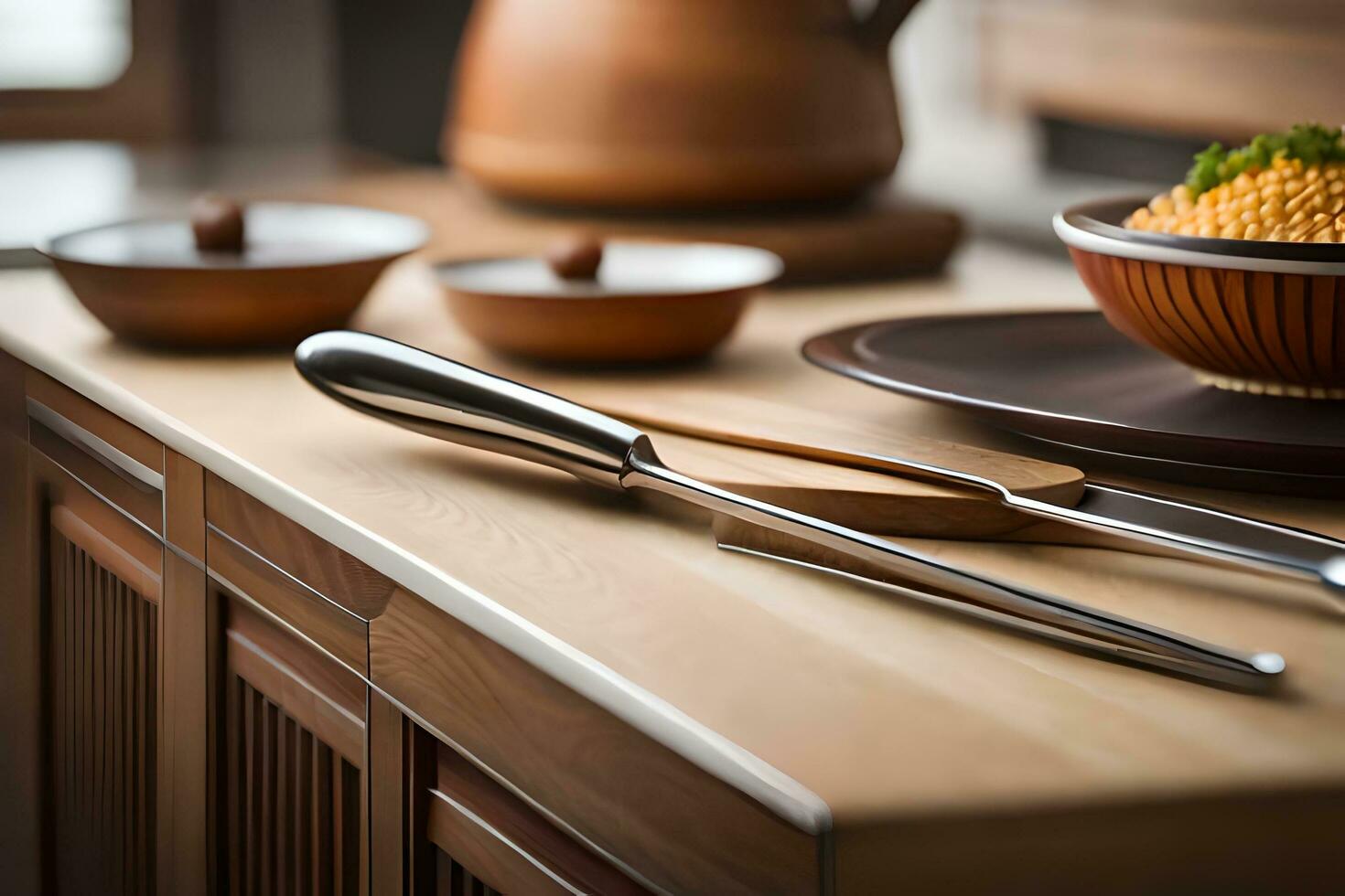 un de madera mesa con un cuenco de comida y dos cuchillos generado por ai foto