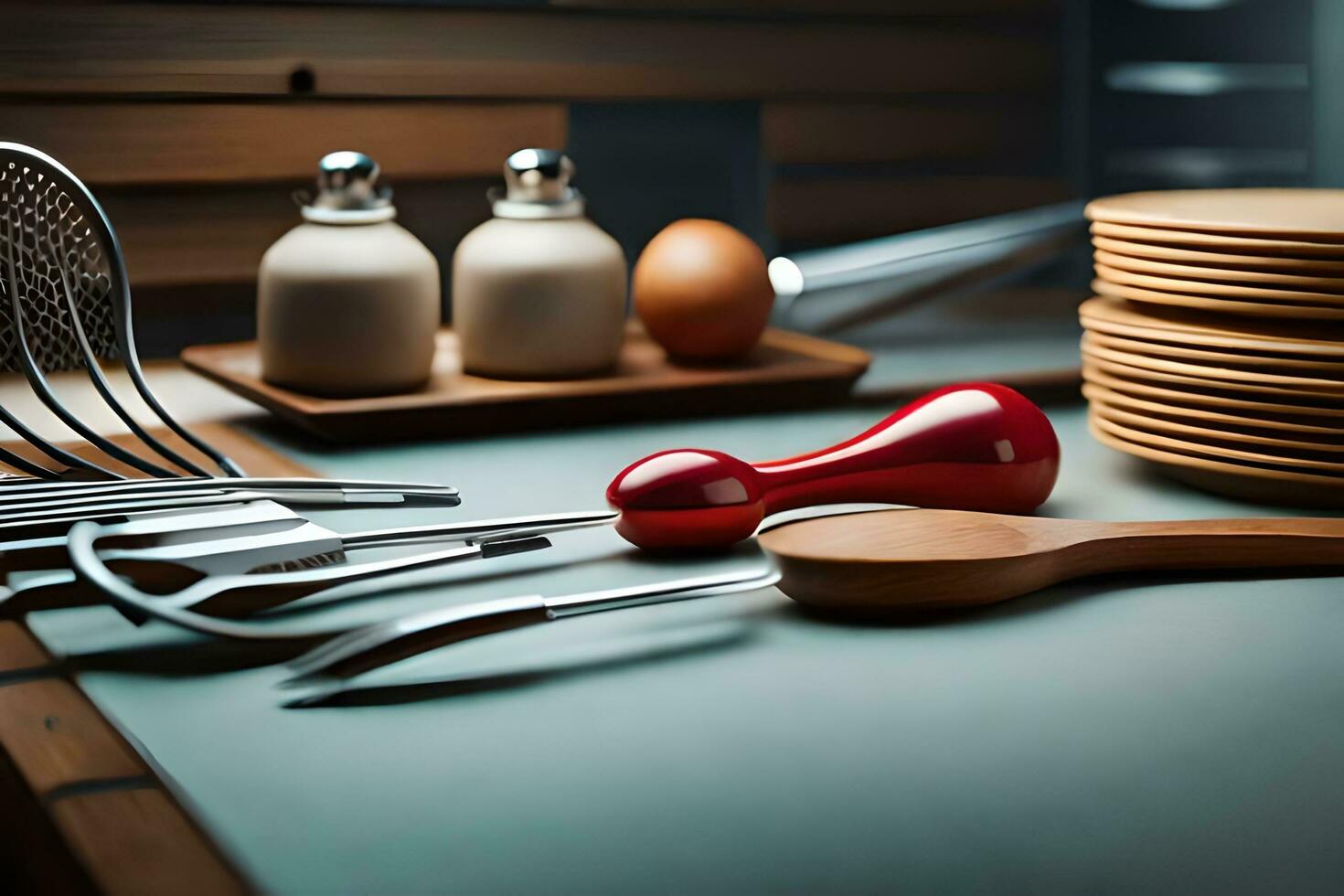 a kitchen utensil is sitting on a table. AI-Generated photo