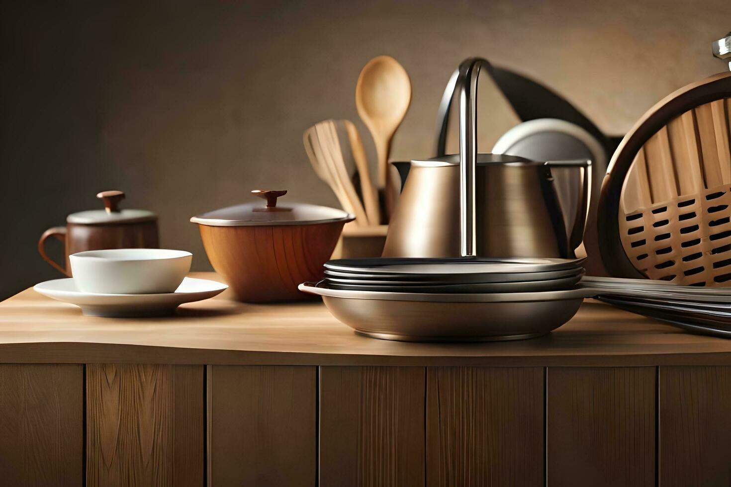 a wooden table with various kitchen utensils. AI-Generated photo
