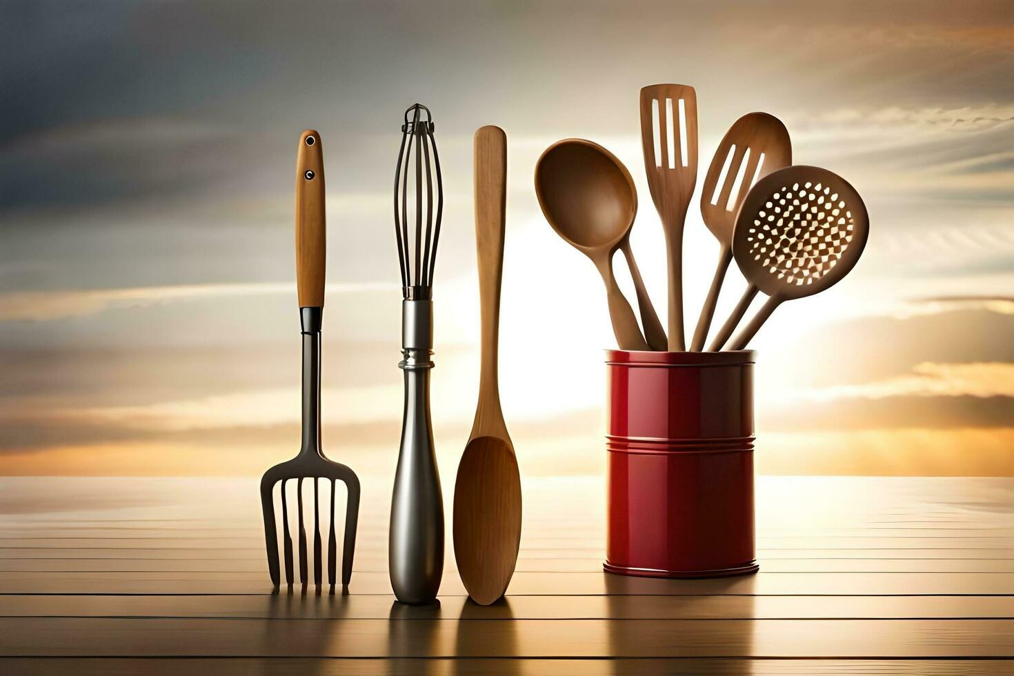 a group of utensils sitting on a table. AI-Generated photo