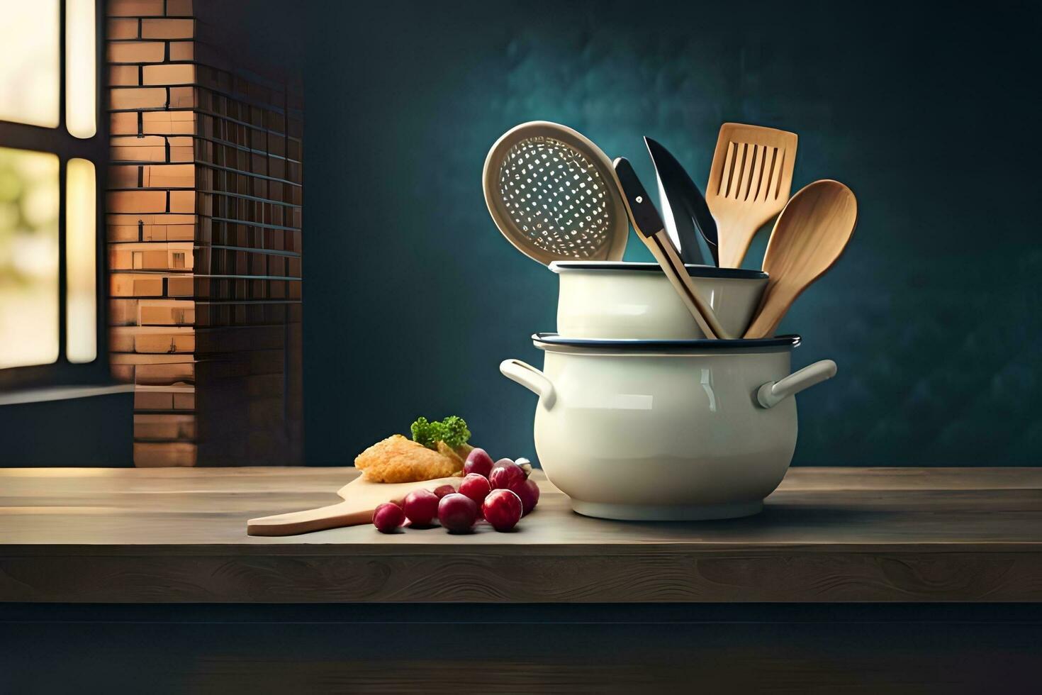 kitchen utensils in a pot on a table. AI-Generated photo