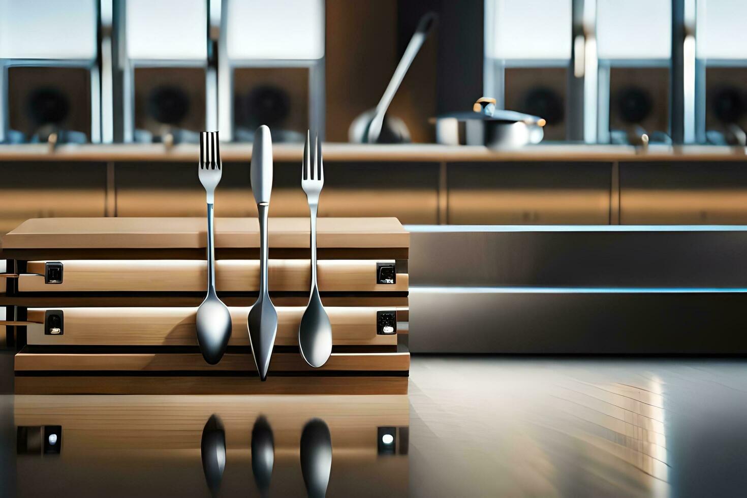 a stack of silverware and a knife on a table. AI-Generated photo