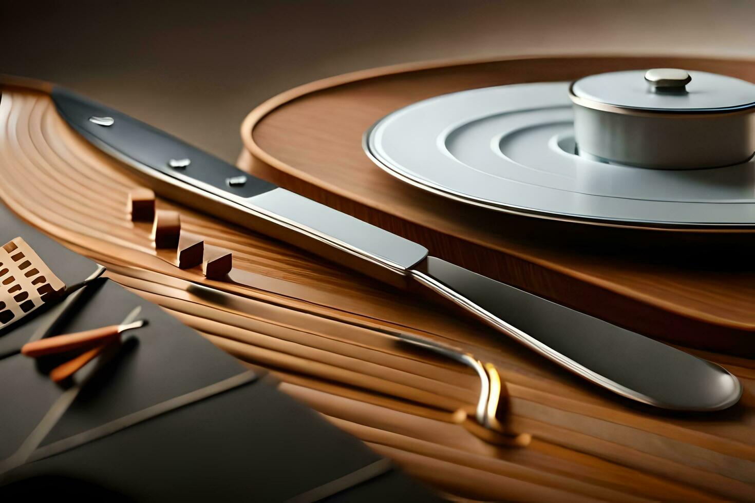 a knife, fork and spoon on a wooden table. AI-Generated photo