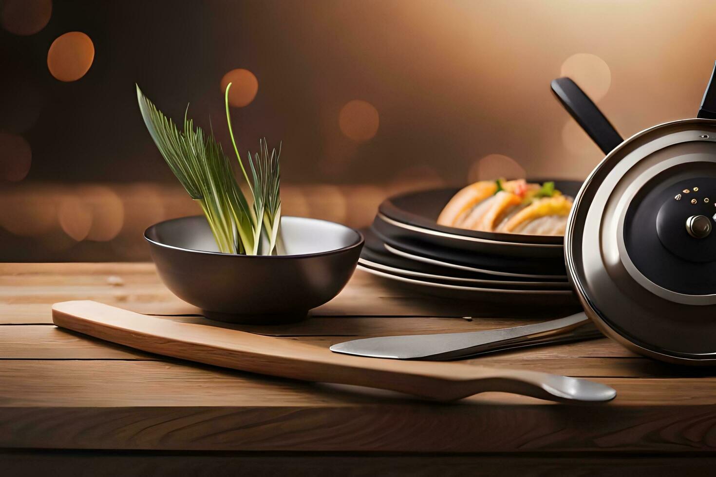 a table with a knife, fork and spoon. AI-Generated photo