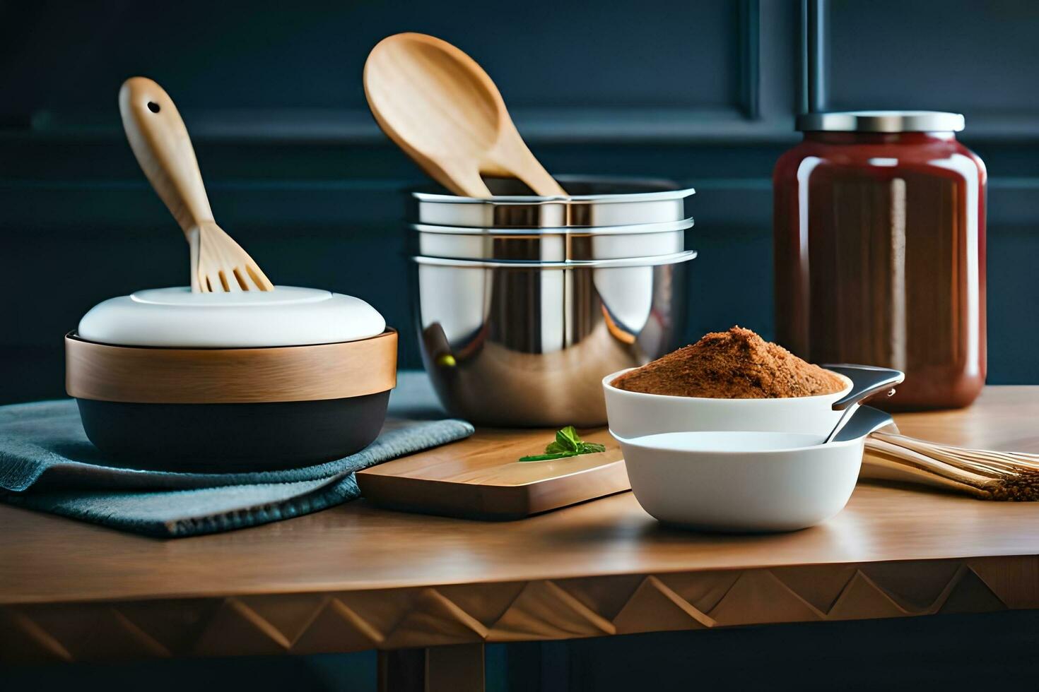 a wooden spoon, bowl and other utensils on a table. AI-Generated photo