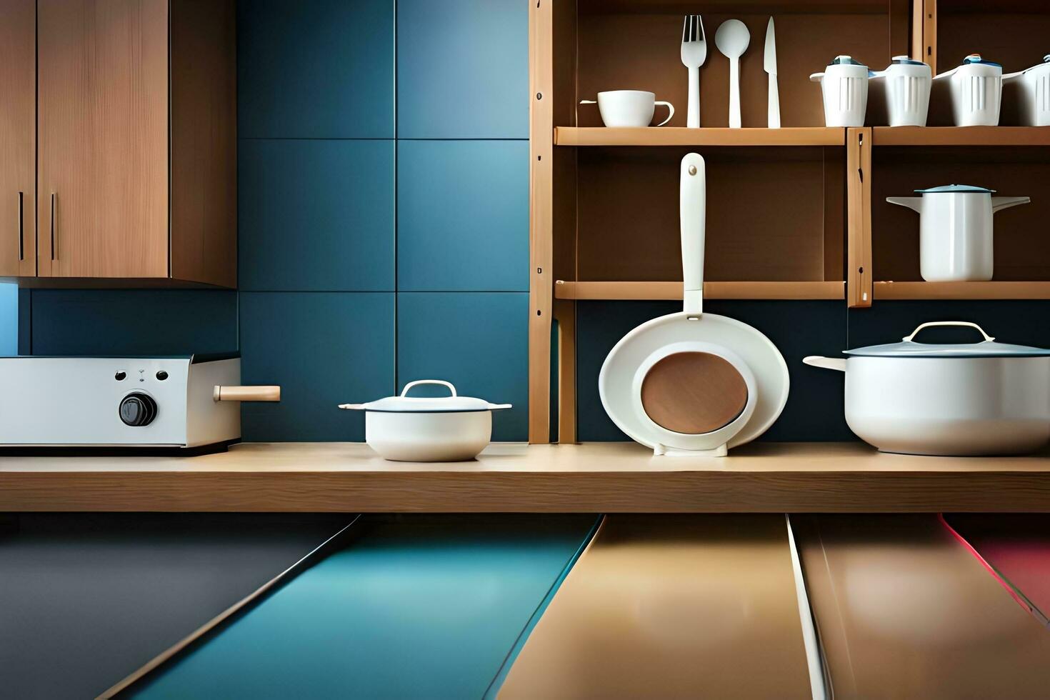 a kitchen with colorful tiles and pots and pans. AI-Generated photo