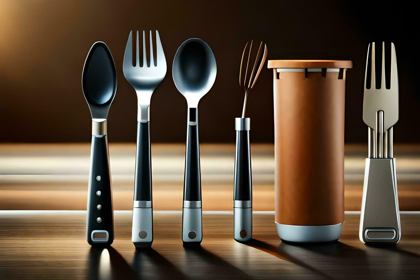 a set of four utensils including a knife, fork and spoon. AI-Generated photo
