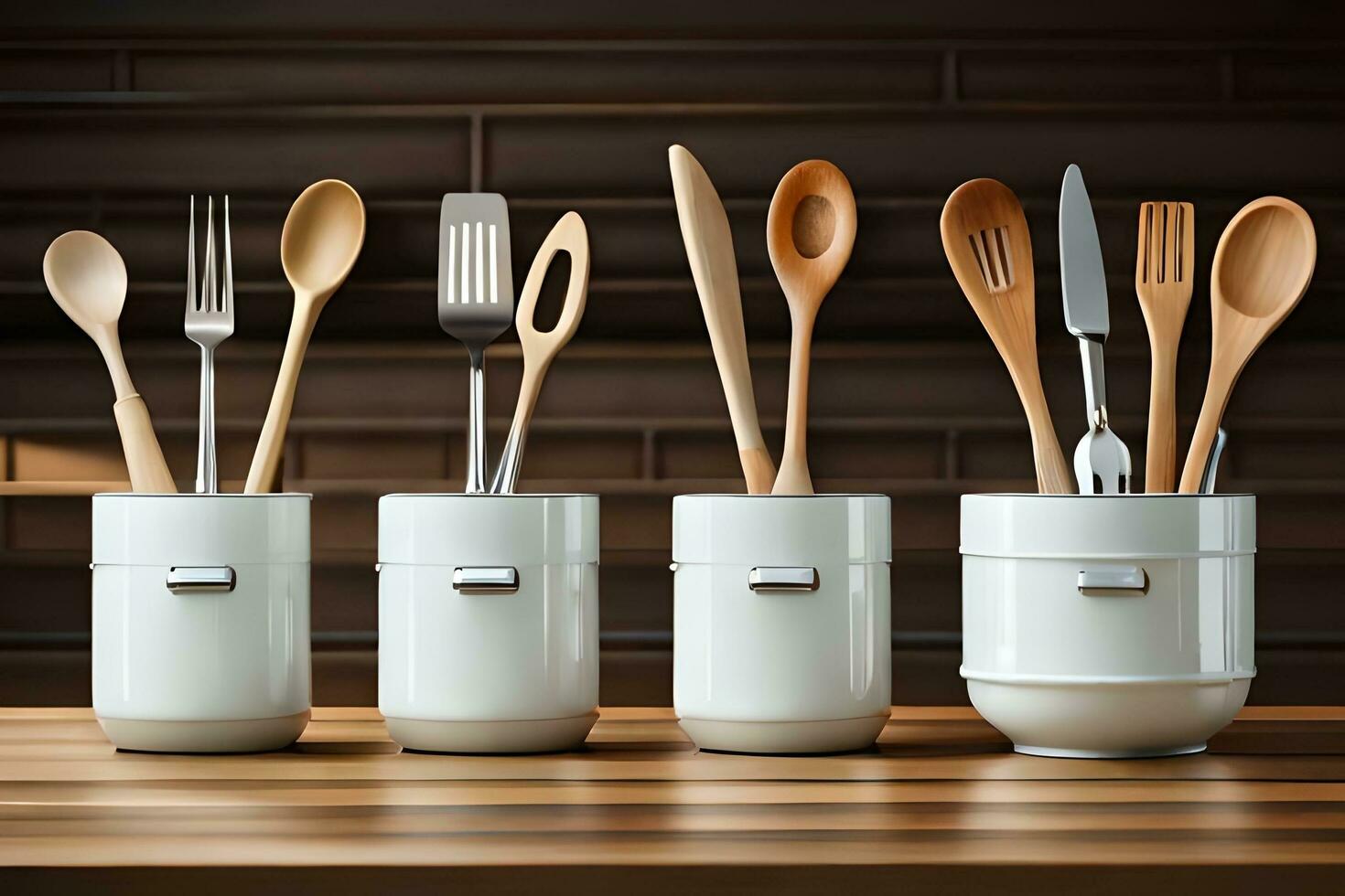 five utensils in white containers on a wooden table. AI-Generated photo