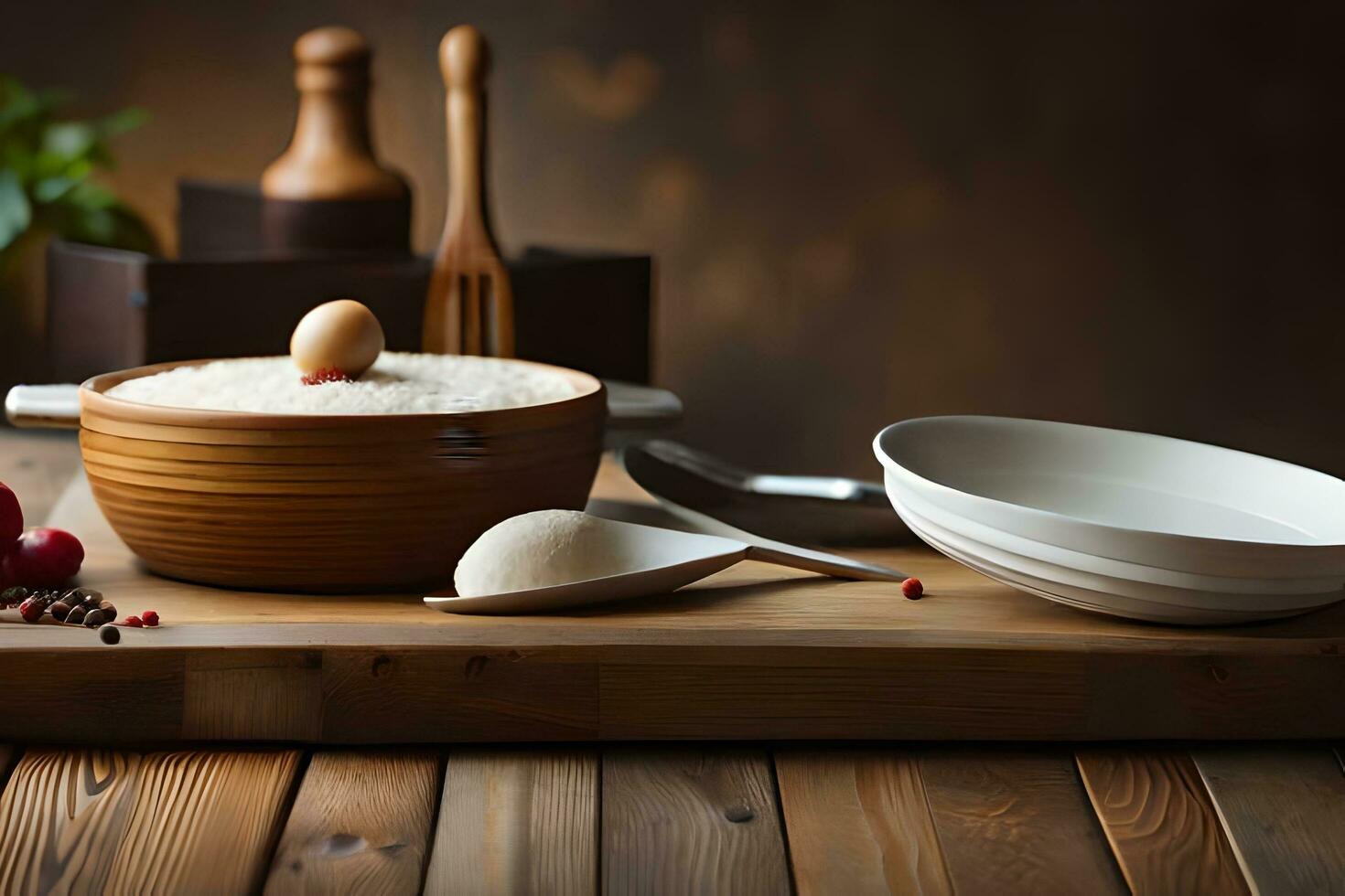 a wooden cutting board with a bowl of rice and other utensils. AI-Generated photo
