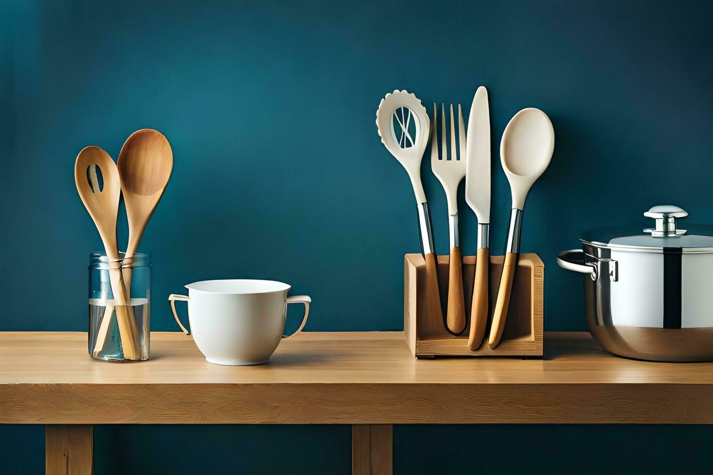 a wooden utensil rack with a pot and a cup. AI-Generated photo