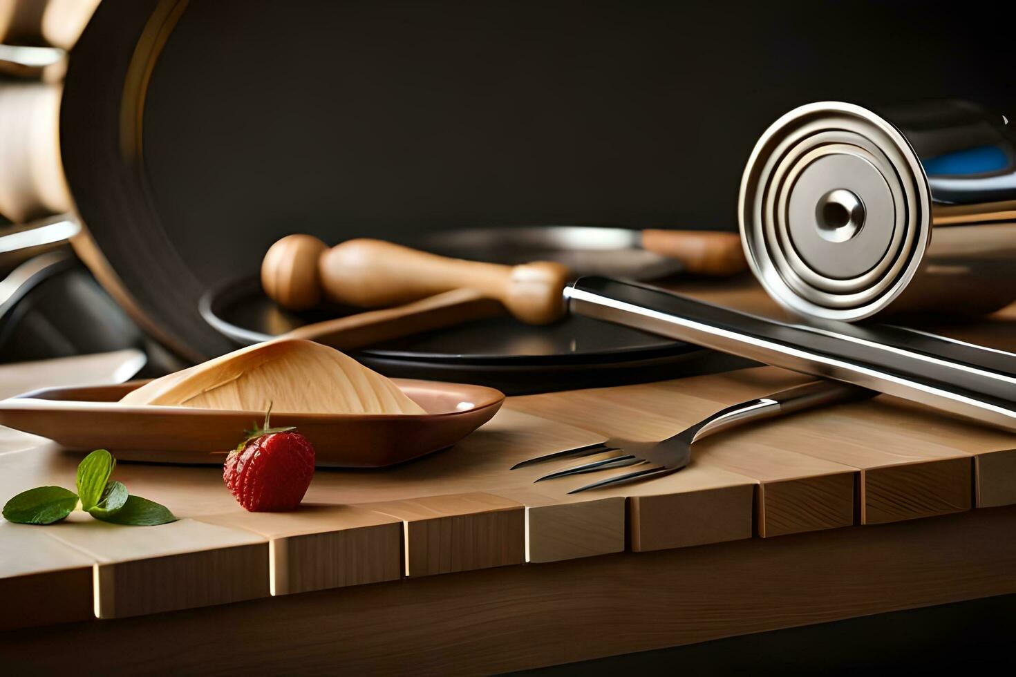 a wooden cutting board with a knife, fork and spoon. AI-Generated photo