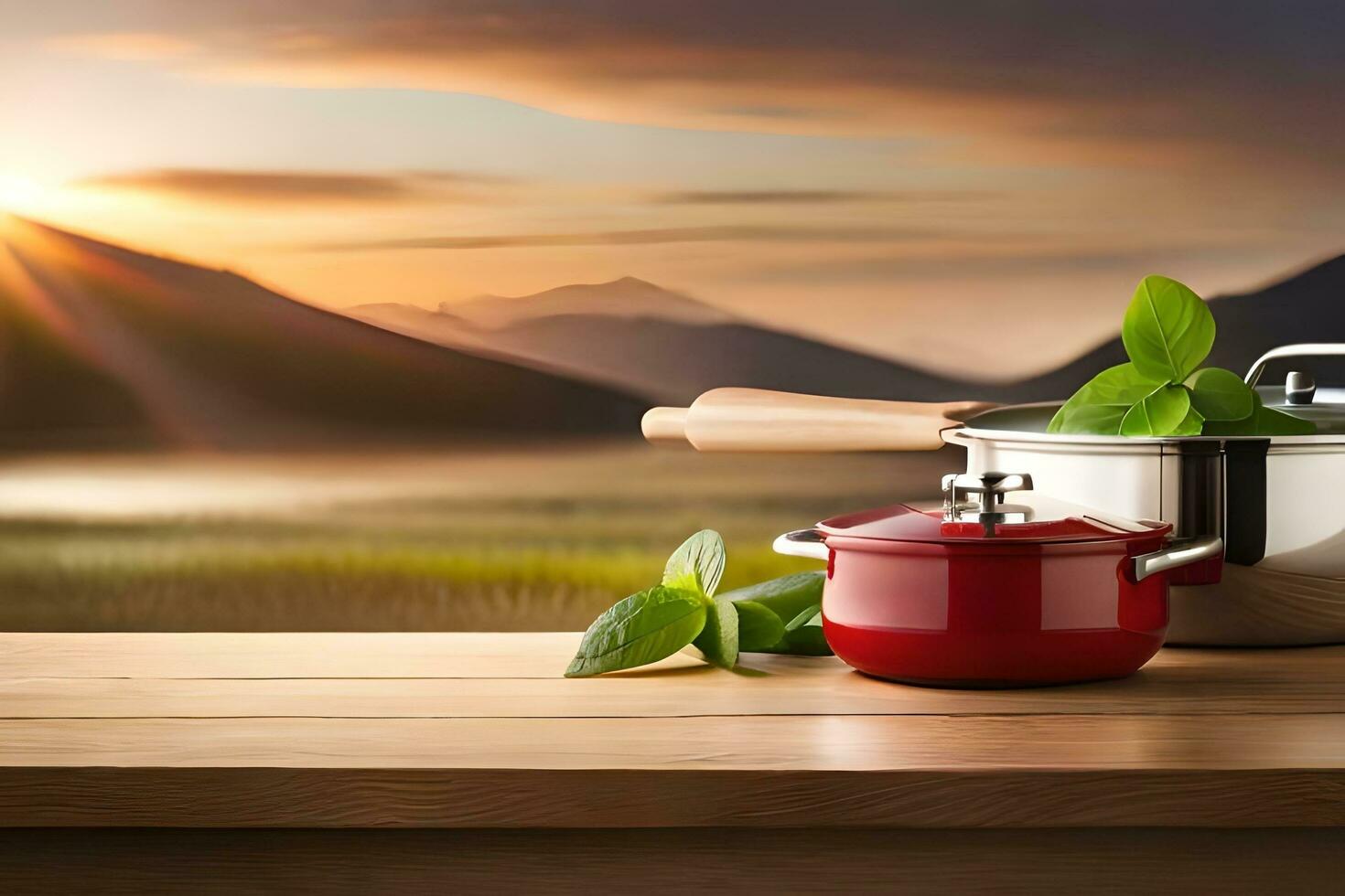 a pot and pan on a table with a sunset in the background. AI-Generated photo