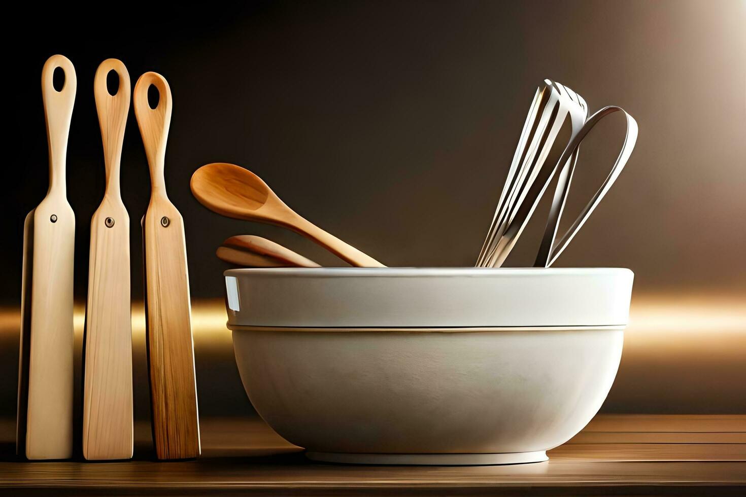 a bowl with wooden utensils and spoons on a table. AI-Generated photo