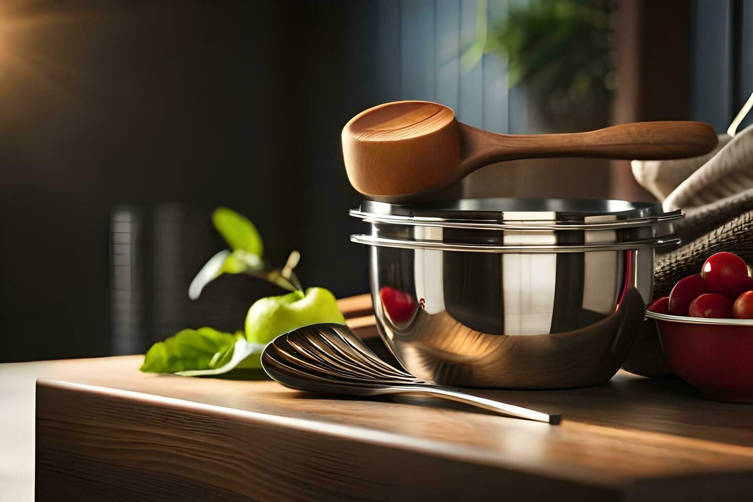 a wooden spoon, wooden spatula and a bowl of apples on a table. AI-Generated photo