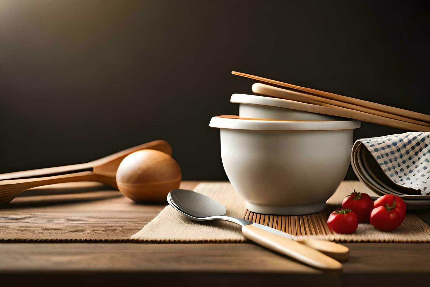 a bowl, spoon, and chopsticks on a table. AI-Generated photo