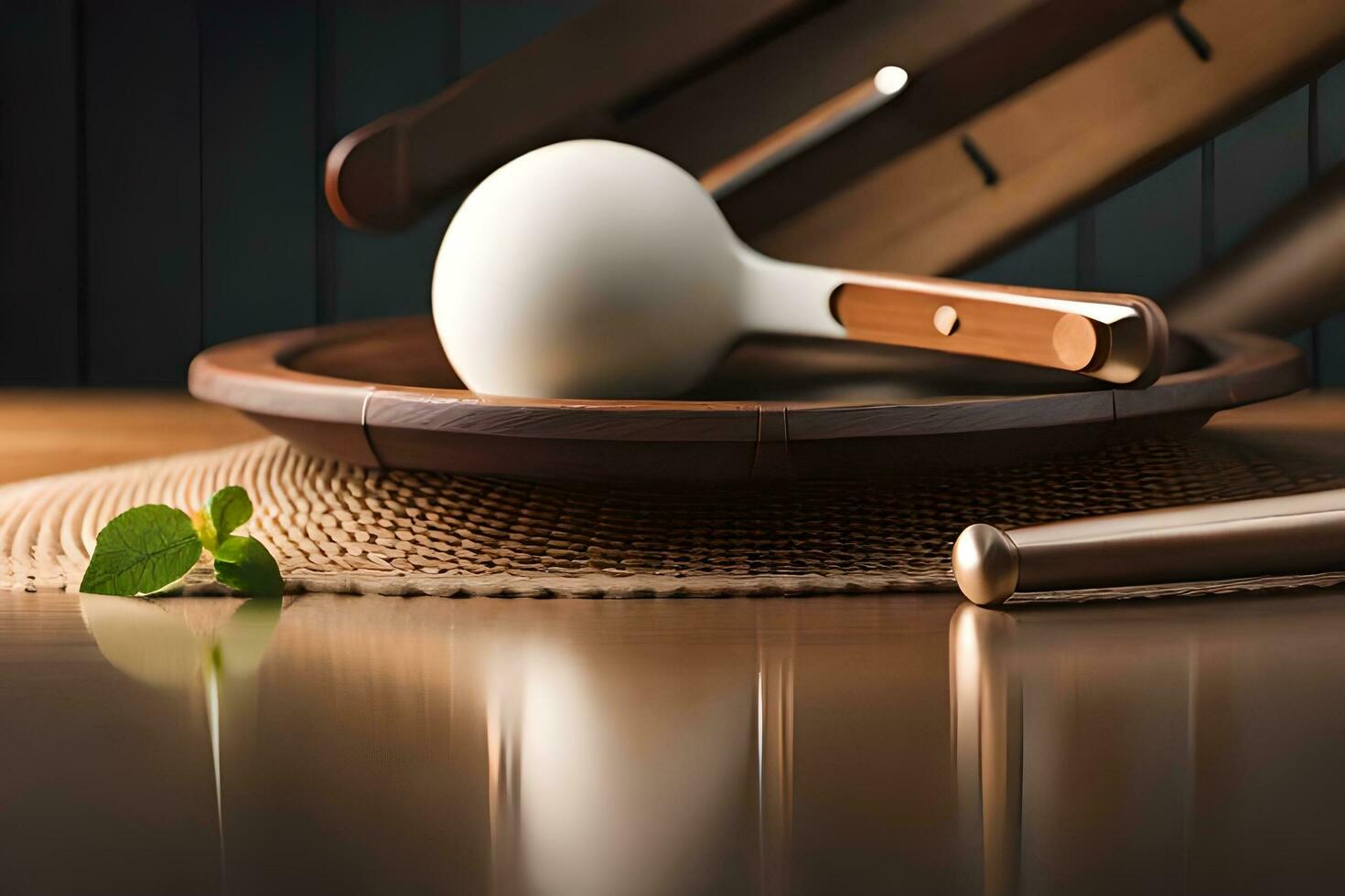 a wooden spoon and a white ball on a table. AI-Generated photo