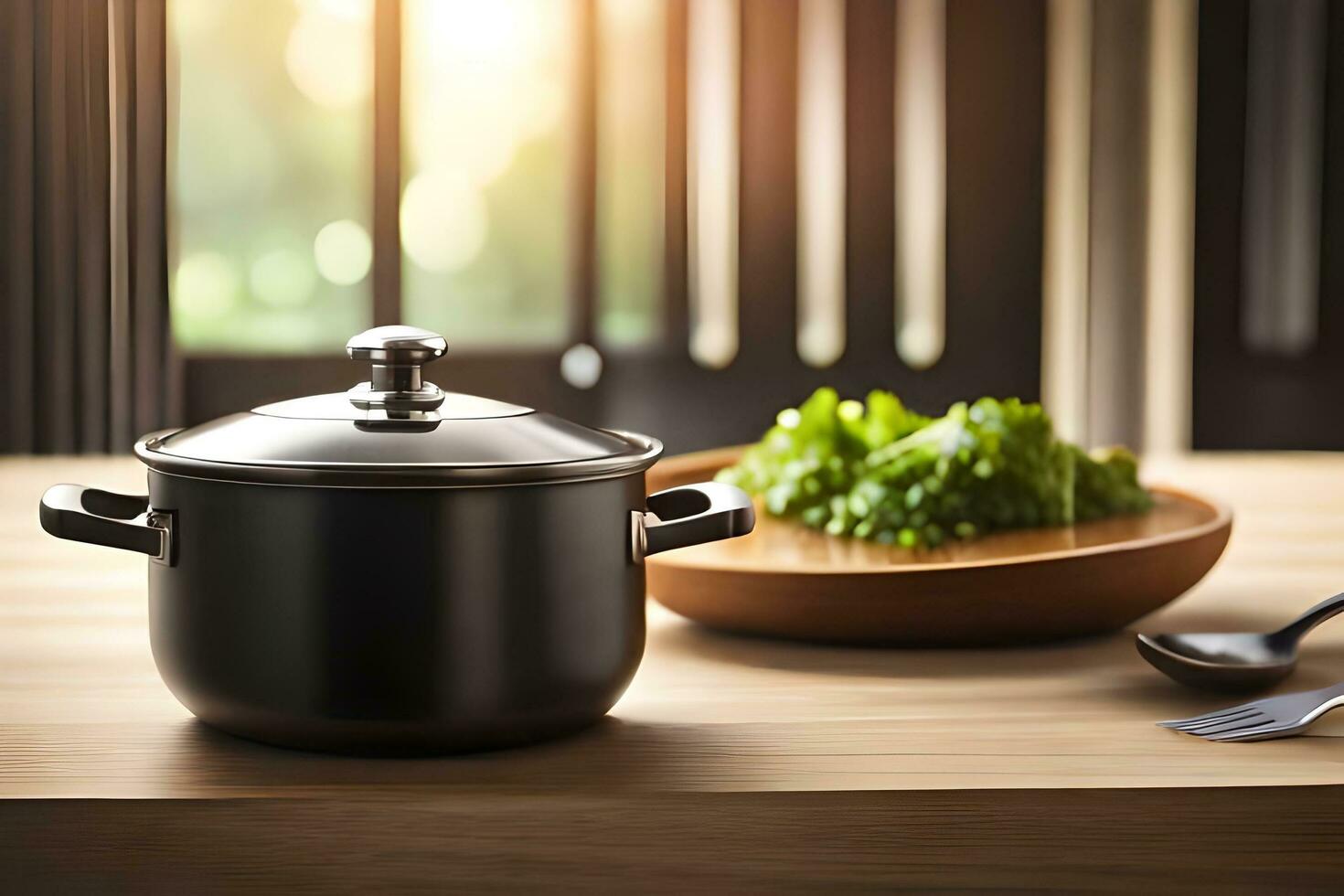 a black pot and a bowl on a wooden table. AI-Generated photo