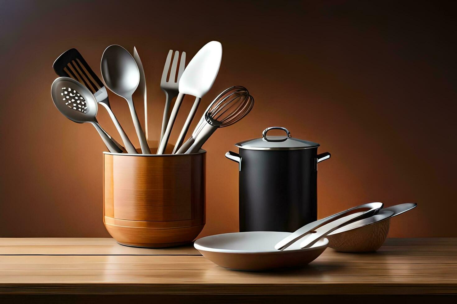 kitchen utensils on wooden table. AI-Generated photo