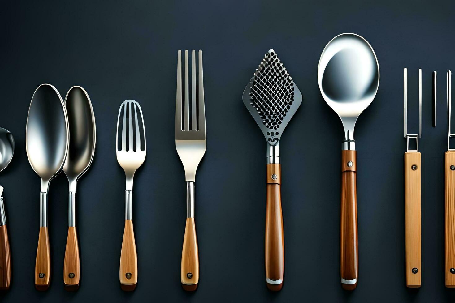 un colección de utensilios incluso cucharas, tenedores, cuchillos y tenedores. generado por ai foto