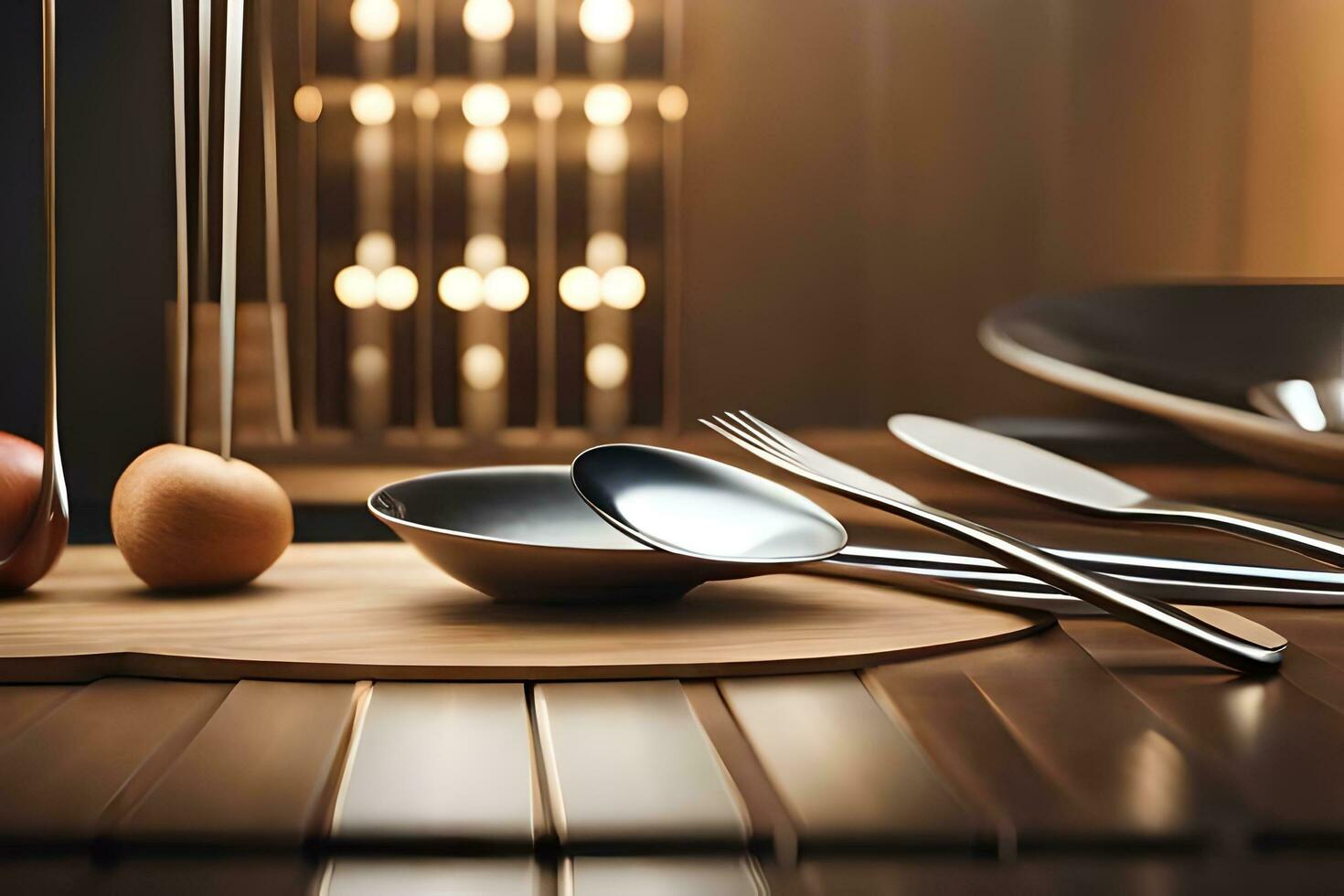a table with silverware and a bowl on it. AI-Generated photo