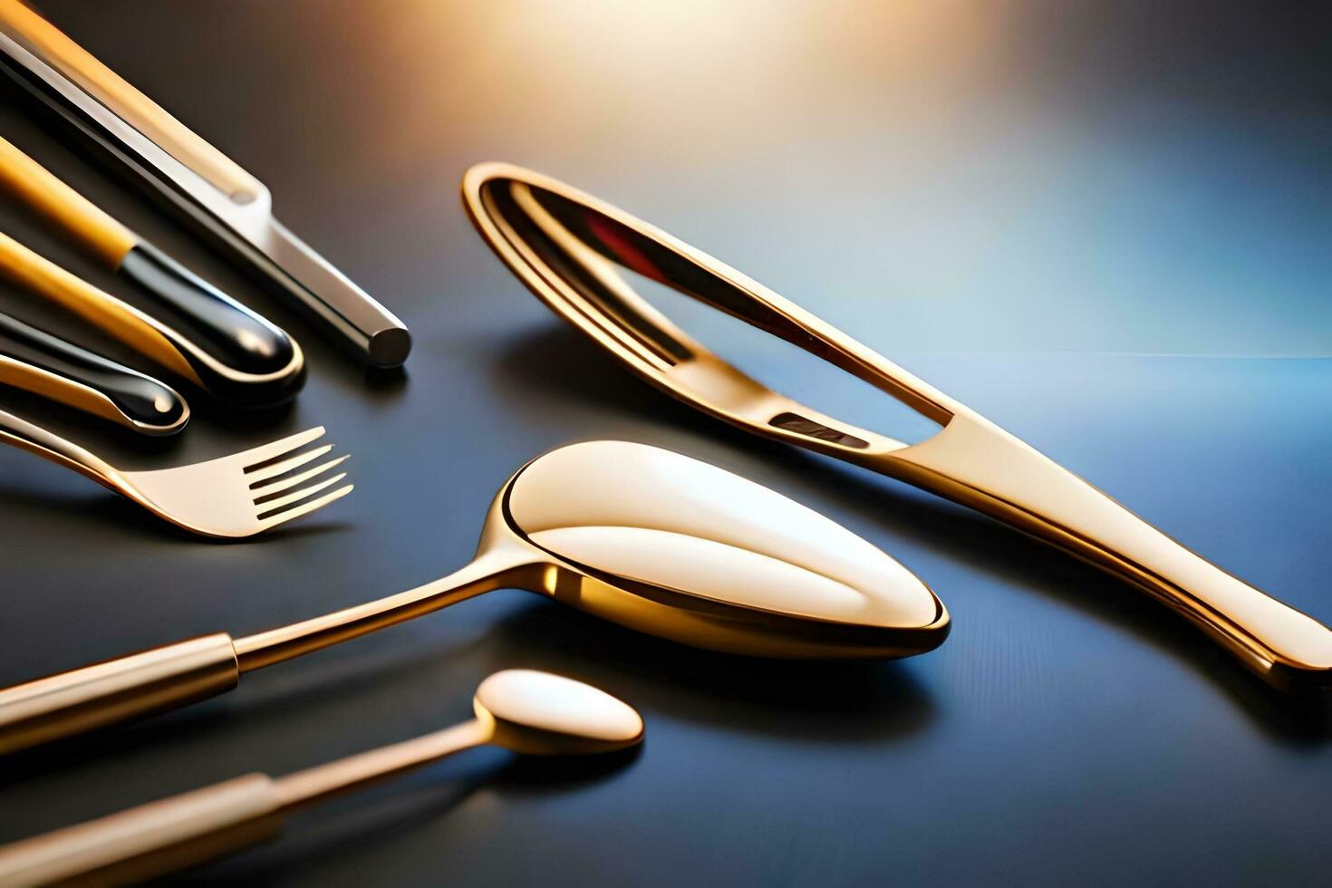 a collection of gold and silver utensils. AI-Generated photo
