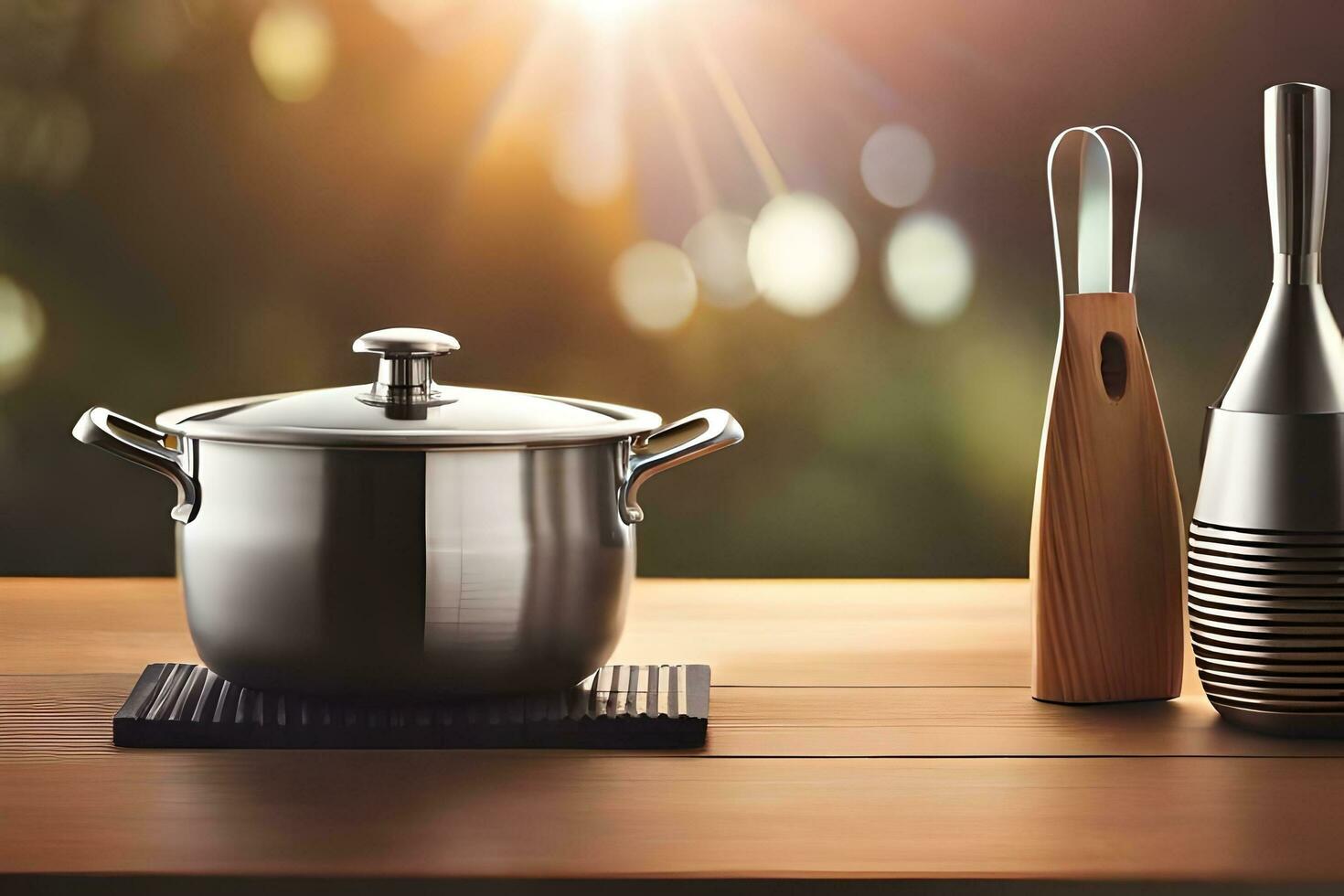 a pot, a wooden cutting board and a wooden spoon. AI-Generated photo