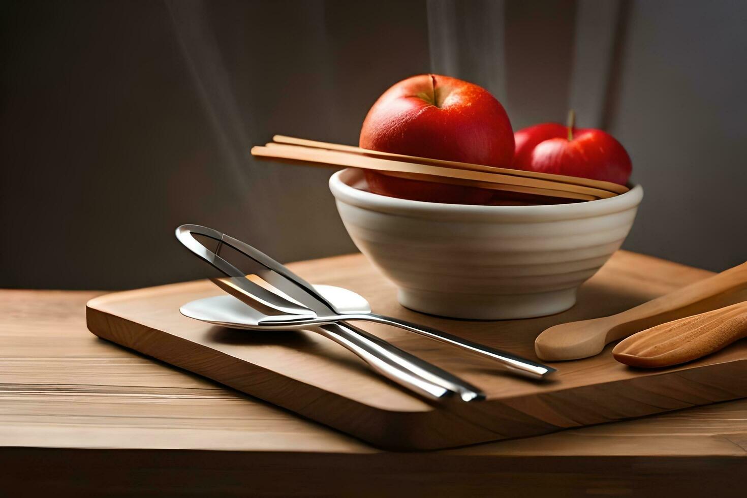 a bowl of apples and chopsticks on a cutting board. AI-Generated photo