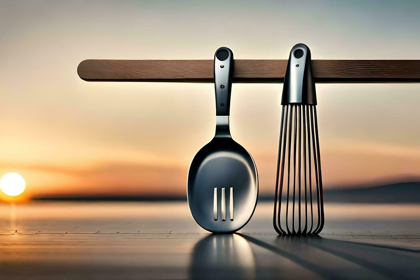 two utensils are hanging on a wooden rack. AI-Generated photo