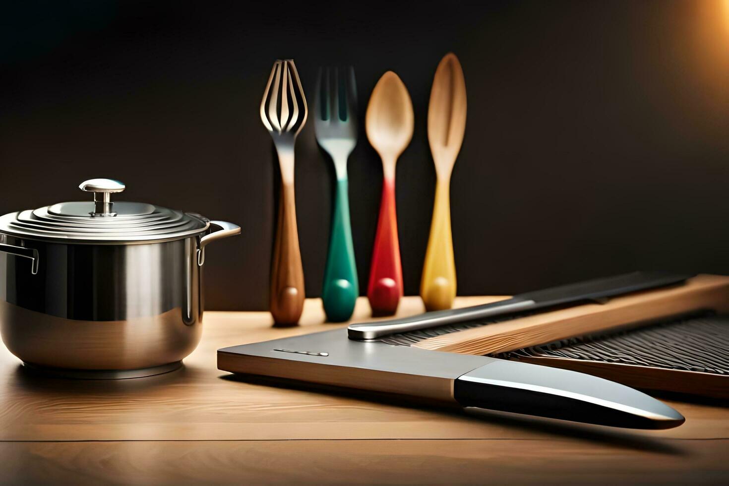 a set of utensils and a pot on a table. AI-Generated photo