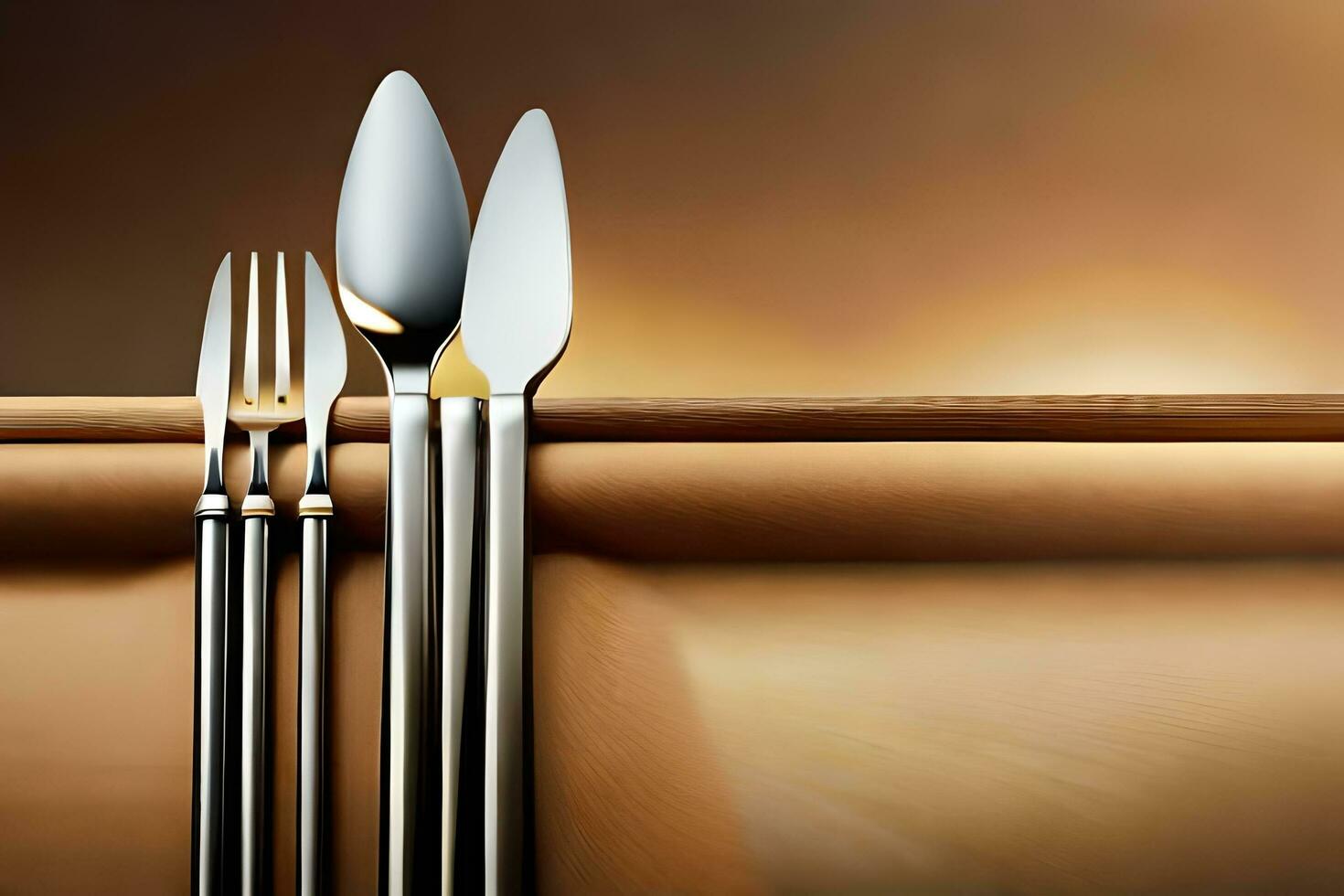 four silver spoons and forks sit on a table. AI-Generated photo