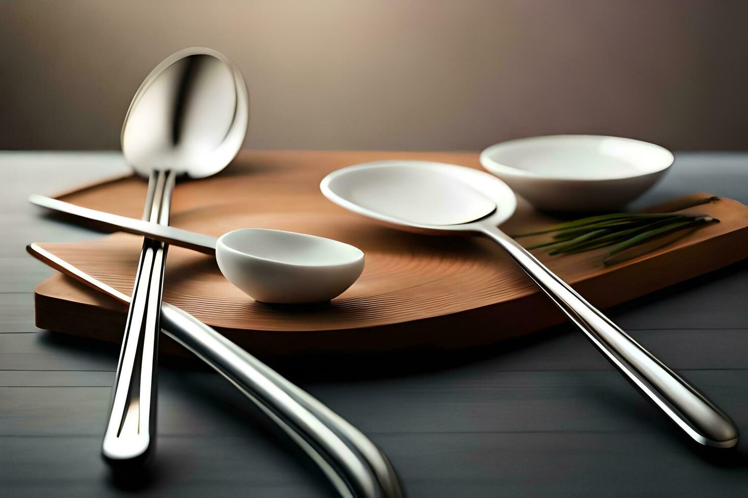 a set of spoons and bowls on a wooden cutting board. AI-Generated photo