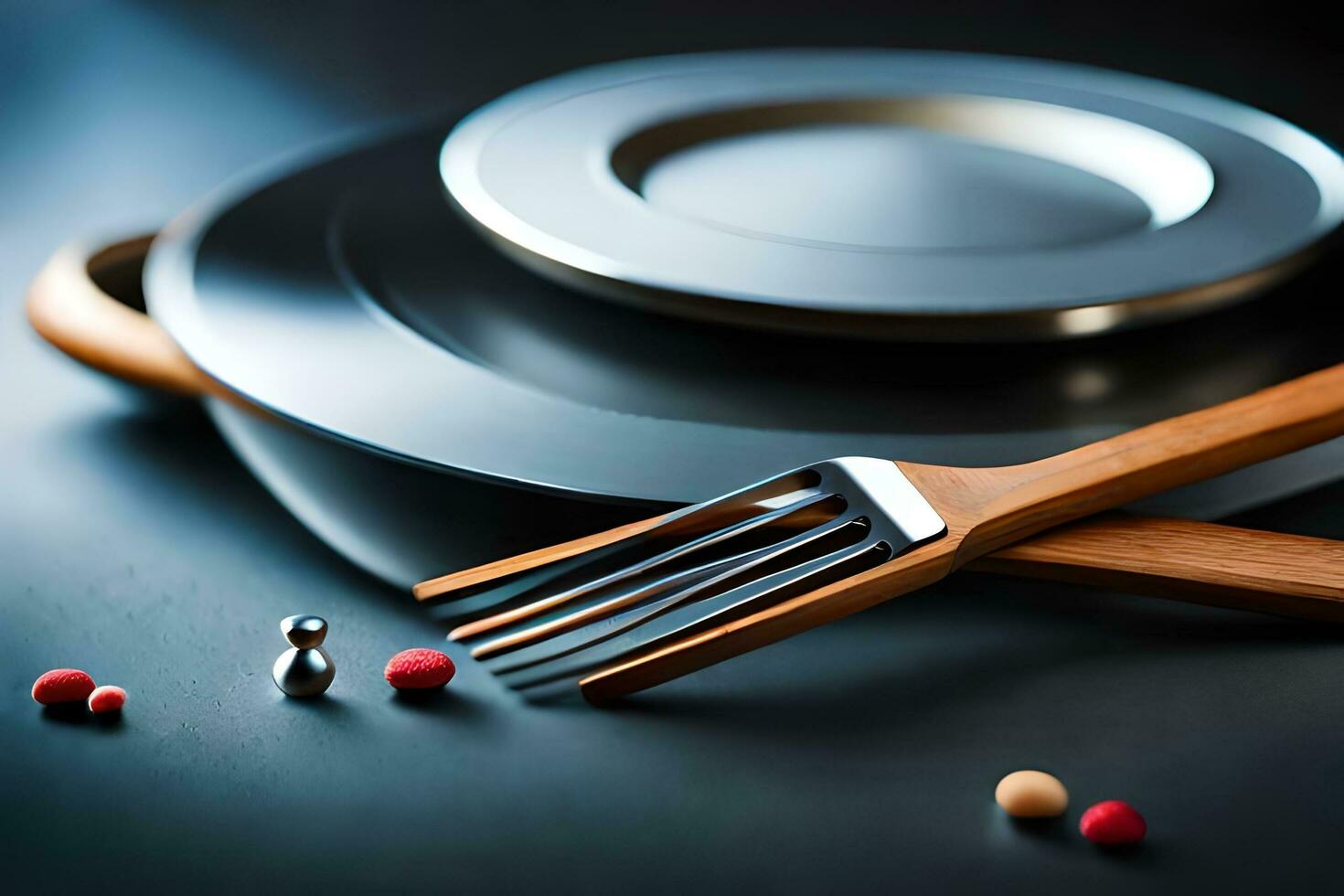 a fork and a plate with red and black balls. AI-Generated photo