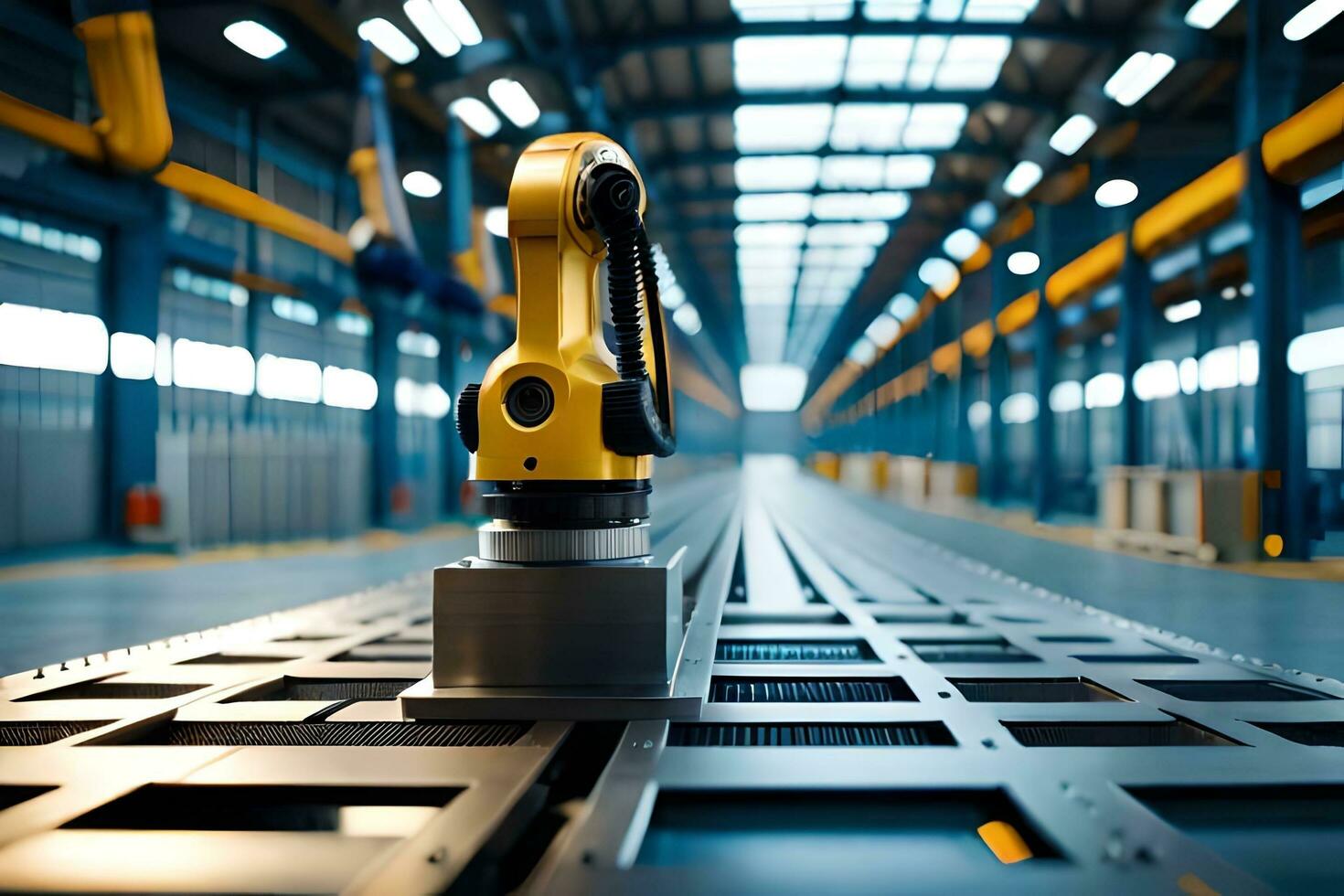 a yellow robot is standing in a factory. AI-Generated photo