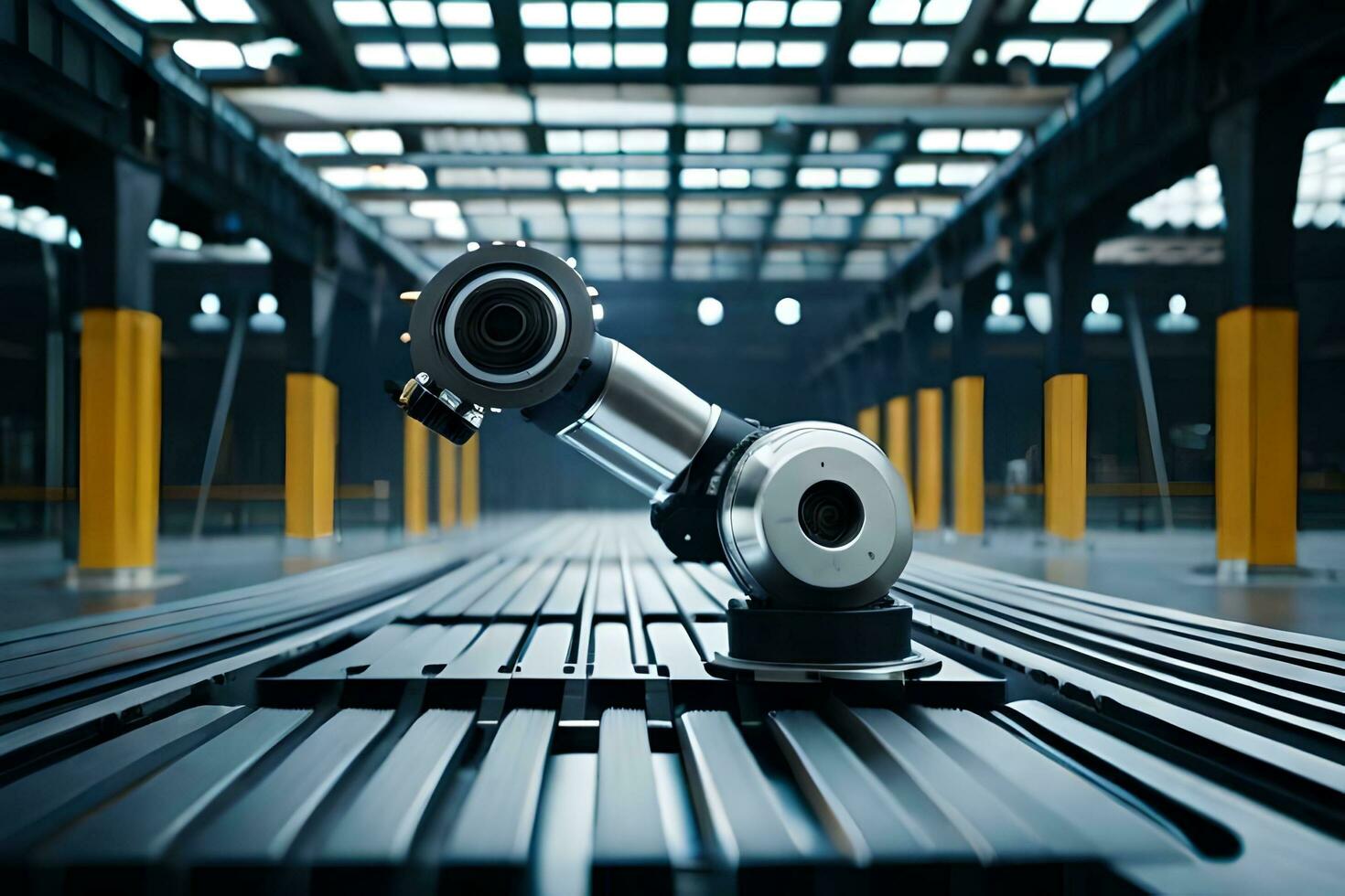 a robot is sitting on a metal floor in an industrial area. AI-Generated photo