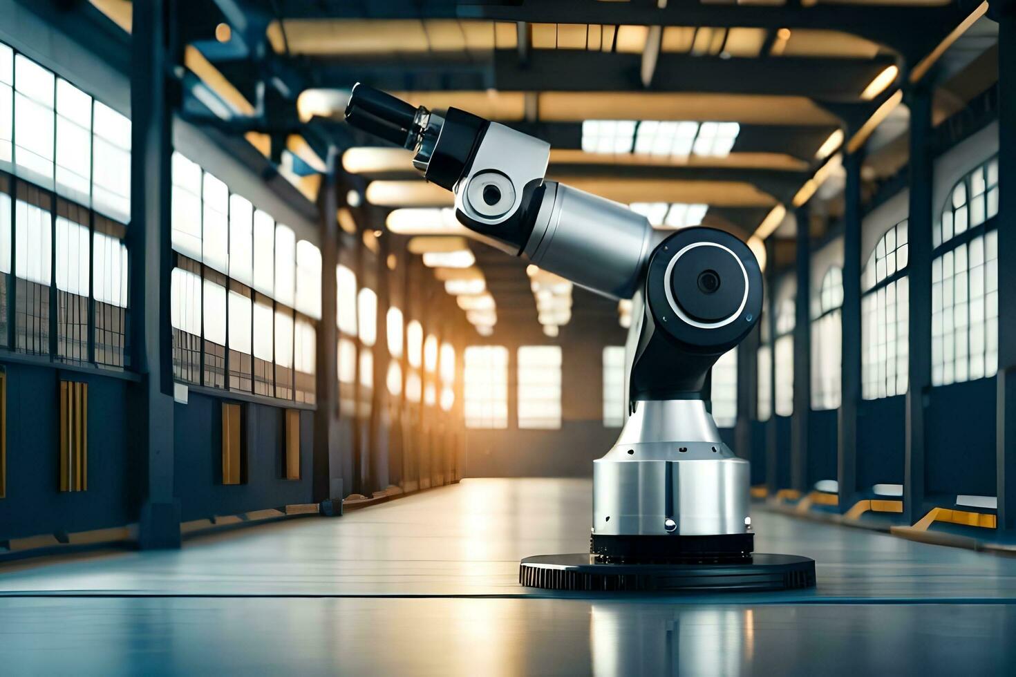 a robotic arm is standing in a large warehouse. AI-Generated photo