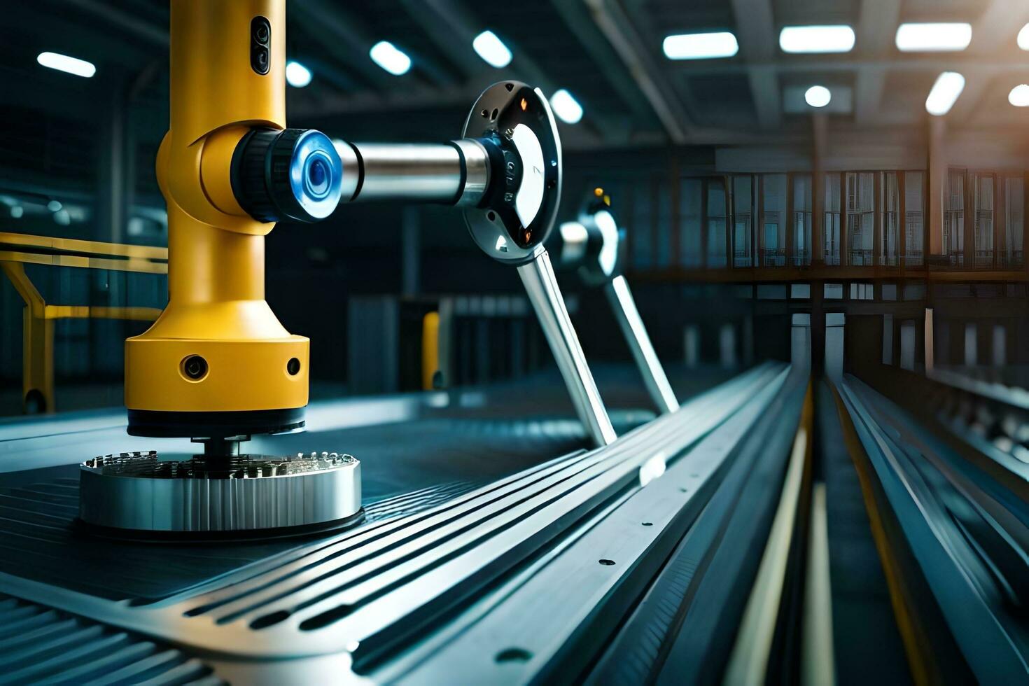 a robotic arm is in the middle of a factory. AI-Generated photo